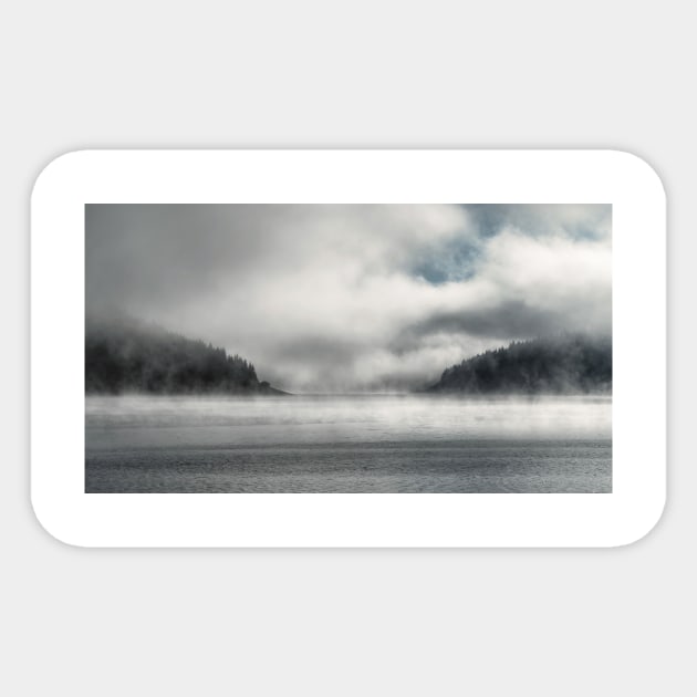 Two lands separated by a foggy lake Sticker by b.sergiu